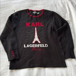 Karl Lagerfeld Paris Black Eiffel Tower Sweater with Red Accents and Shiny Studs